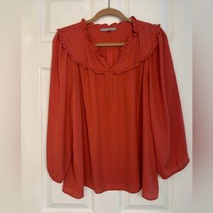 Daniel Rainn Coral Red/Orange Ruffled Yoke Blouse